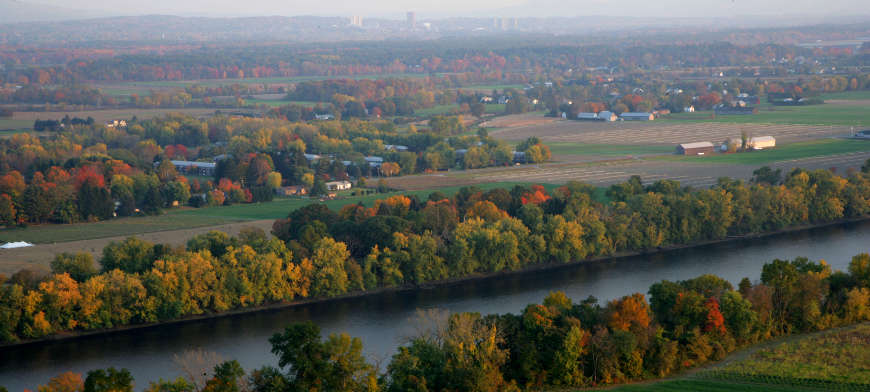 A view from the top of Sugarloaf Mountain looking southeast across the Connecticut River Valley, Amherst in the distance